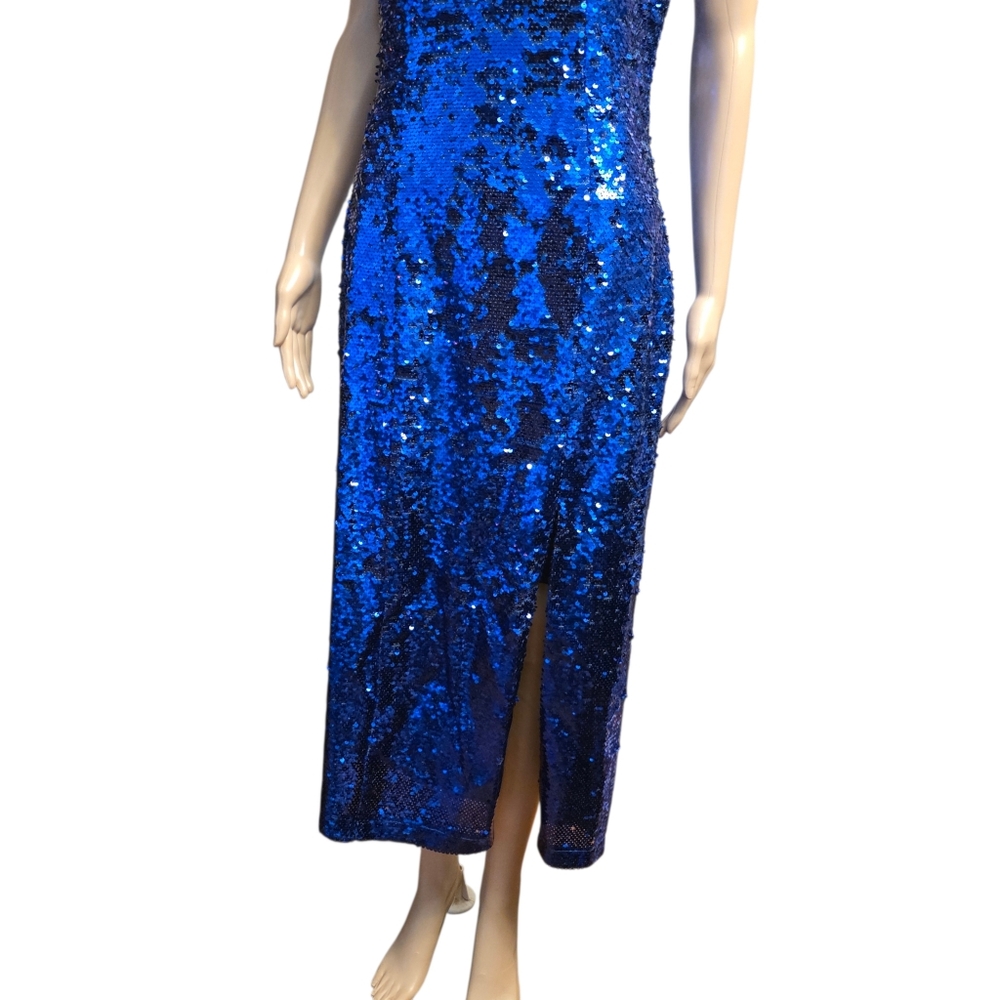 Donna Morgan Shimmering Blue Sequin Midi Dress Size 10 - Picture 5 of 12